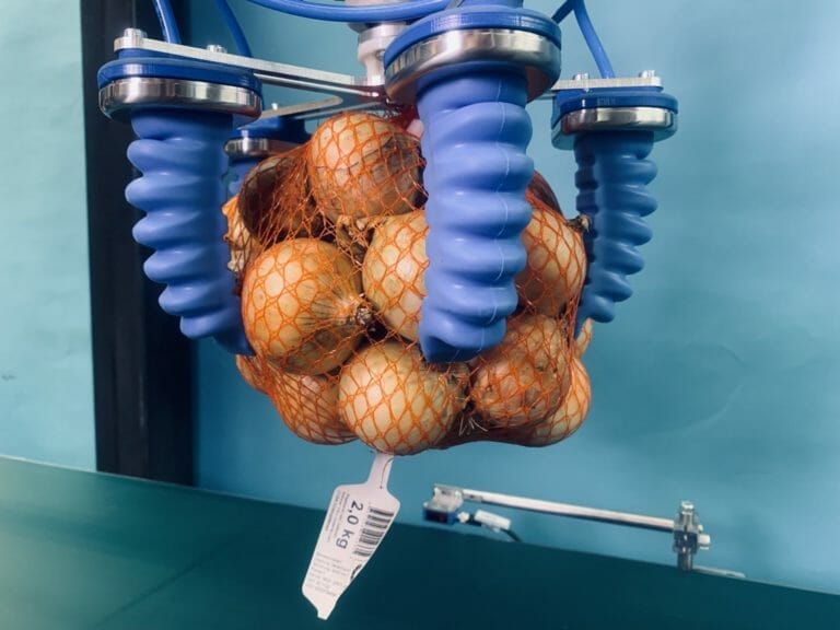 SoftActuator 3 2kg onions in gorillafinger robot gripper