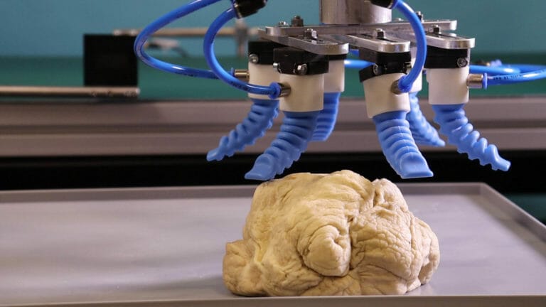 SoftActuator 11 gripping dough from conveyer onto a tray