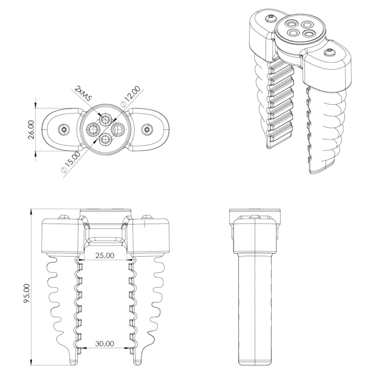 A technical drawing of the softgripper with 2 jaws and a narrow angle