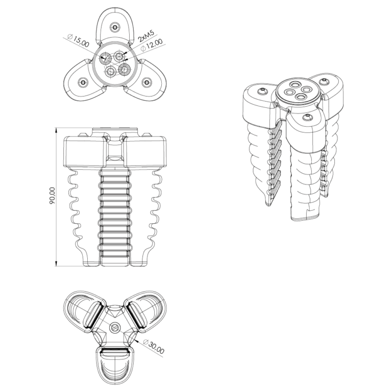 A technical drawing of the soft gripper for robots from all sides